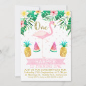 Flamingo Tropical Fruit Erster Geburtstag Einladun Einladung (Vorderseite)