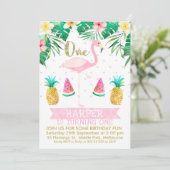 Flamingo Tropical Fruit Erster Geburtstag Einladun Einladung (Stehend Vorderseite)