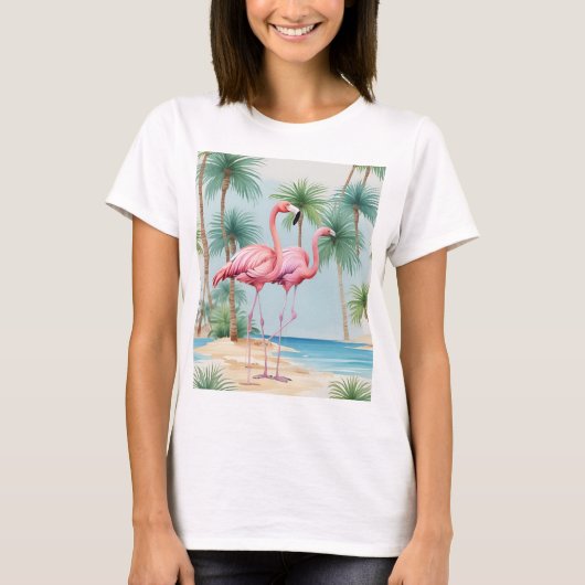 Flamingo Tropical Island Tshirt Beach Palmbäume (Vorderseite)