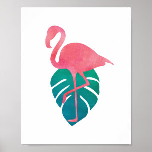 Flamingo Tropical Leaves Watercolor Art Poster