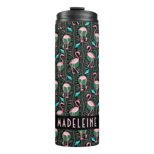 Flamingo Tropical Niedlich Black Pink Muster Custo Thermosbecher (Vorderseite)
