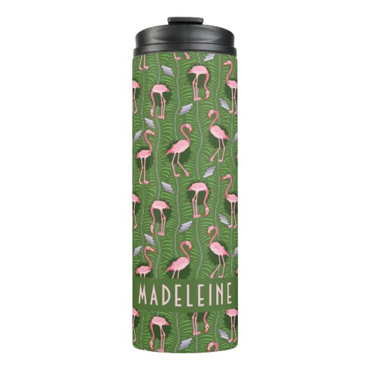 Flamingo Tropical Niedlich Dark Green Patches Cust Thermosbecher (Vorderseite)