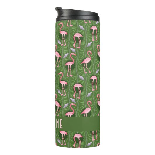 Flamingo Tropical Niedlich Dark Green Patches Cust Thermosbecher (Nach rechts gedreht)
