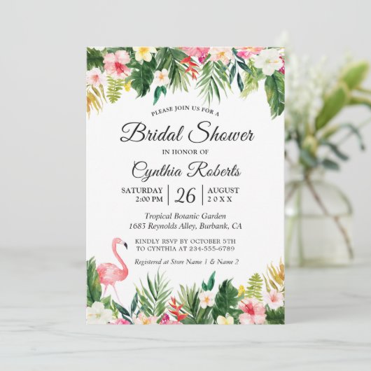 Flamingo Tropical Palm Blätter Brautparty Einladung (Stehend Vorderseite)