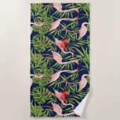 Flamingo Tropical Pflanze auf Deep Blue Background Strandtuch (Vorderseite)
