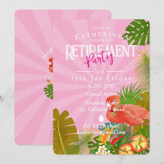 Flamingo Tropical Pink Ruhestand  Einladung (Vorne/Hinten)