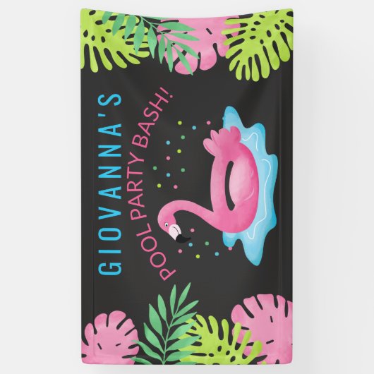 Flamingo Tropical Pool Party Bash Birthday Banner (Vertikal)