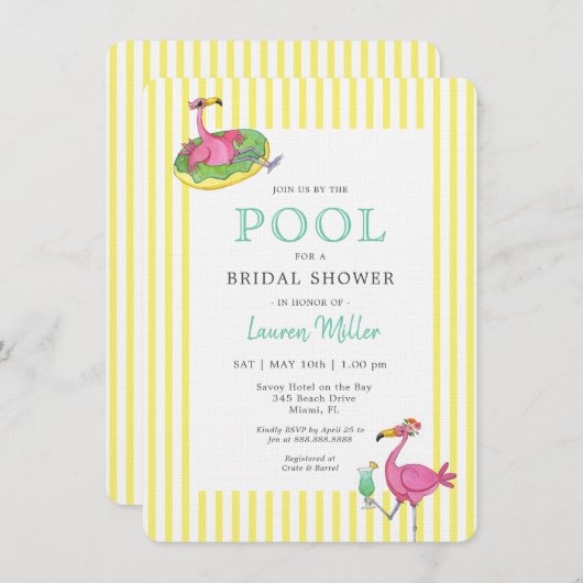 Flamingo Tropical POOL Party Brautparty Einladung (Vorne/Hinten)