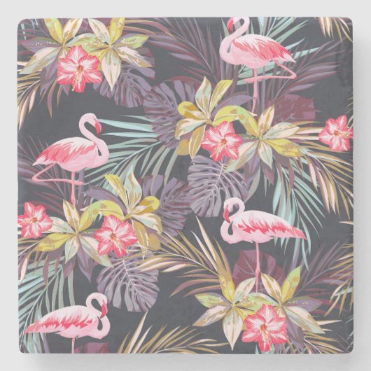 Flamingo Tropical: Sommer nahtloses Muster Steinuntersetzer (Vorderseite)