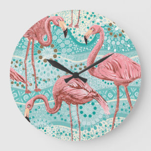 Flamingo Tropical: Vintages Tapete mit Blumen Große Wanduhr