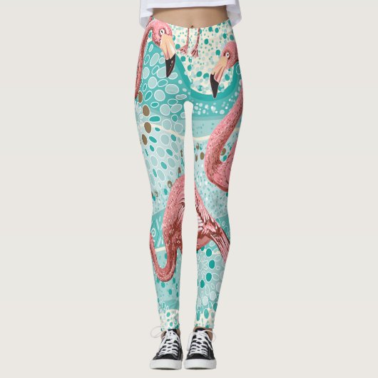 Flamingo Tropical: Vintages Tapete mit Blumen Leggings (Vorderseite)
