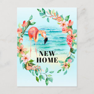 Flamingo Tropical Wreath Beach Szene Neue Zuhause Ankündigungspostkarte