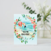 Flamingo Tropical Wreath Beach Szene Neue Zuhause Ankündigungspostkarte (Stehend Vorderseite)