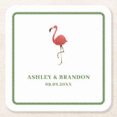 Flamingo Tropics Beach Coastal Retro Wedding Rechteckiger Pappuntersetzer (Vorderseite)