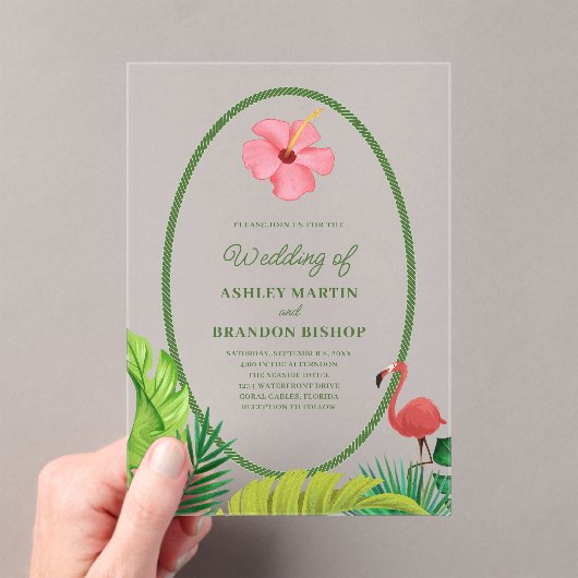 Flamingo Tropics Retro Wedding Acrylic Invitation Acryleinladungen (Insitu (Handheld))