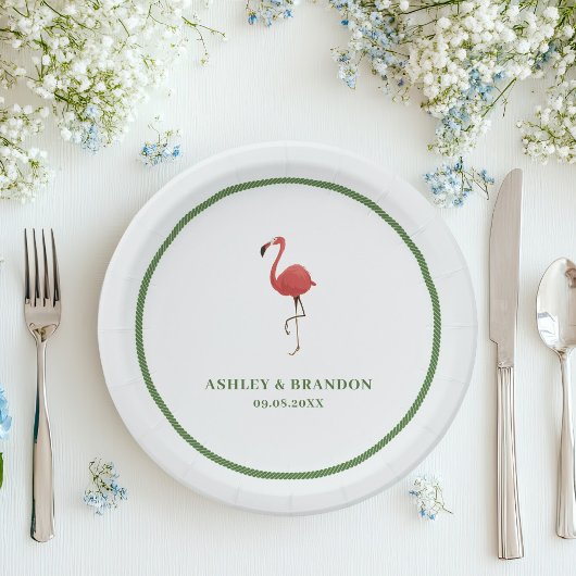 Flamingo Tropics Strand Küsten Retro-Hochzeit Pappteller