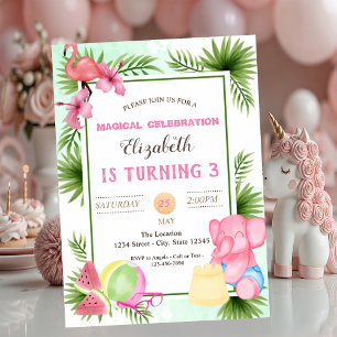 Flamingo, Tropische Blätter, Sommer Geburtstag Einladung