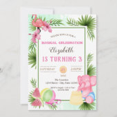 Flamingo, tropische Blätter, Sommer zum Geburtstag Einladung (Vorderseite)
