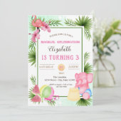 Flamingo, tropische Blätter, Sommer zum Geburtstag Einladung (Stehend Vorderseite)