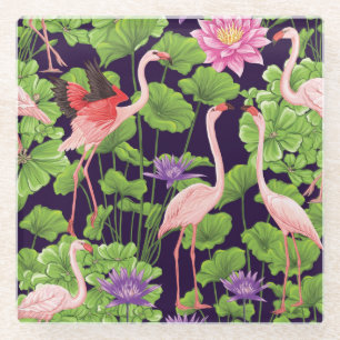 Flamingo, tropische Pflanze, schwarzer Hintergrund Glasuntersetzer