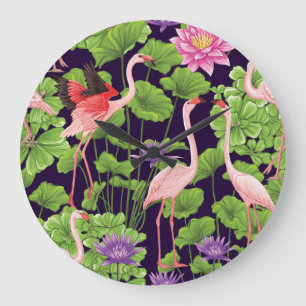 Flamingo, tropische Pflanze, schwarzer Hintergrund Große Wanduhr
