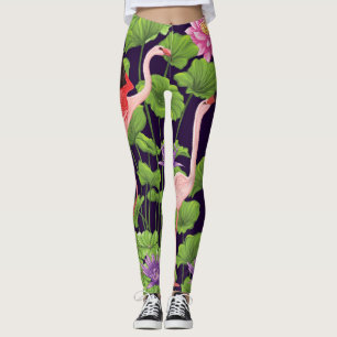 Flamingo, tropische Pflanze, schwarzer Hintergrund Leggings