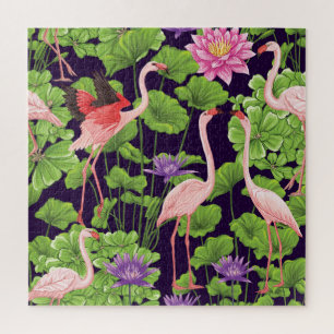 Flamingo, tropische Pflanze, schwarzer Hintergrund Puzzle