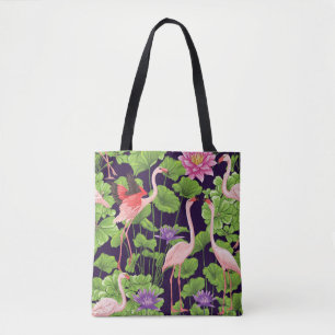 Flamingo, tropische Pflanze, schwarzer Hintergrund Tasche