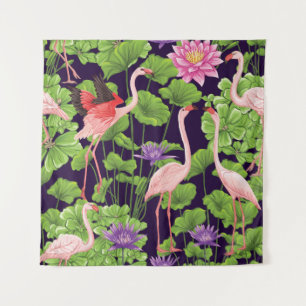 Flamingo, tropische Pflanze, schwarzer Hintergrund Wandteppich
