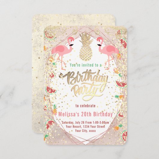 Flamingo-tropischer Geburtstag Einladung (Vorne/Hinten)