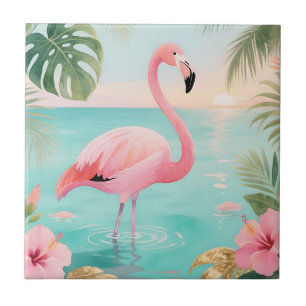 Flamingo Tropischer Sonnenuntergang Aquarell Fliese