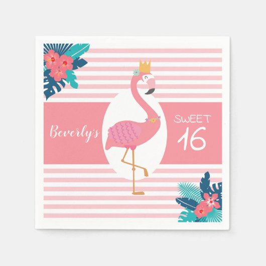 Flamingo tropisches Rosa und blaue Blumen 16. Serviette (Vorderseite)