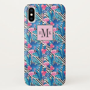 Flamingo u. Palmen auf geometrischem Muster iPhone X Hülle