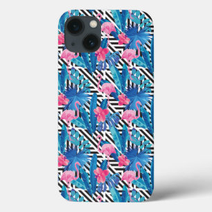 Flamingo u. Palmen auf geometrischem Muster iPhone 13 Hülle