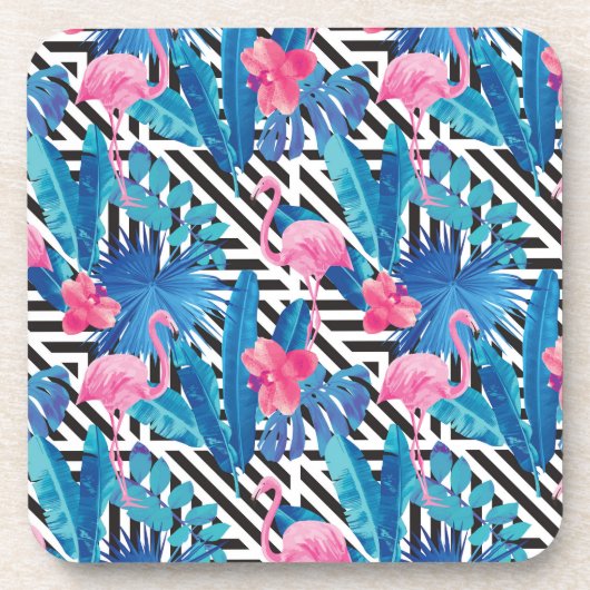 Flamingo u. Palmen auf geometrischem Muster Getränkeuntersetzer (Vorderseite)