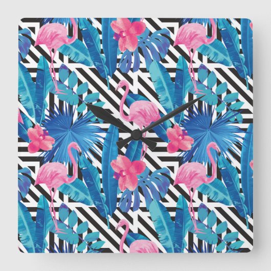 Flamingo u. Palmen auf geometrischem Muster Quadratische Wanduhr (Vorderseite)
