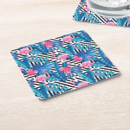 Flamingo u. Palmen auf geometrischem Muster Rechteckiger Pappuntersetzer (angewinkelt)