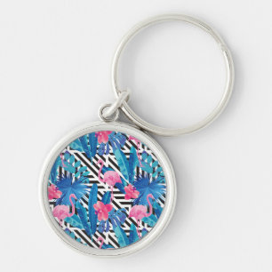 Flamingo u. Palmen auf geometrischem Muster Schlüsselanhänger