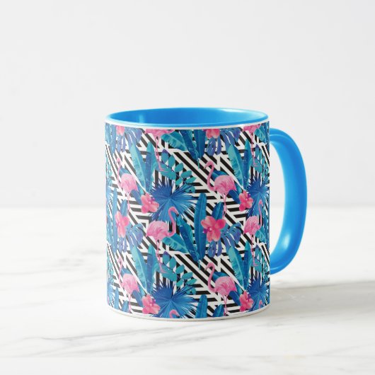 Flamingo u. Palmen auf geometrischem Muster Tasse (VorderseiteRechts)