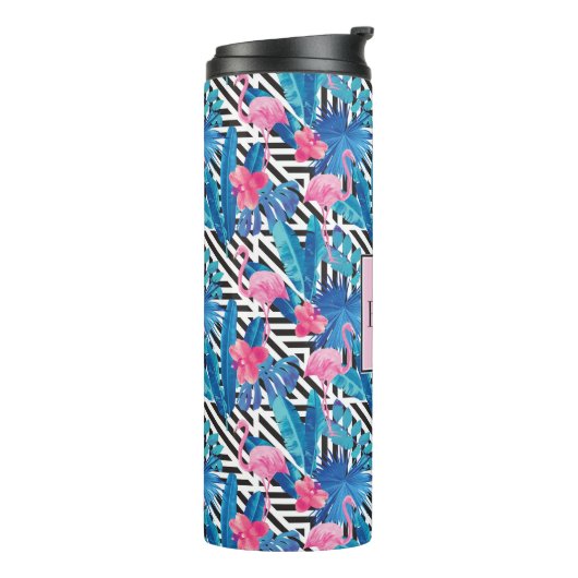 Flamingo u. Palmen auf geometrischem Muster Thermosbecher (Nach links gedreht)