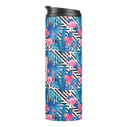 Flamingo u. Palmen auf geometrischem Muster Thermosbecher (Nach rechts gedreht)