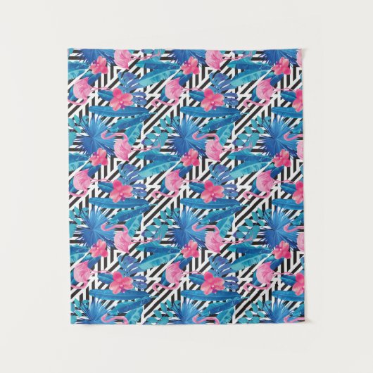 Flamingo u. Palmen auf geometrischem Muster Wandteppich (Vorderseite)