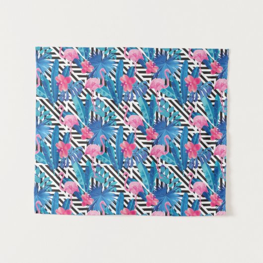 Flamingo u. Palmen auf geometrischem Muster Wandteppich (Vorderseite (Horizontal))