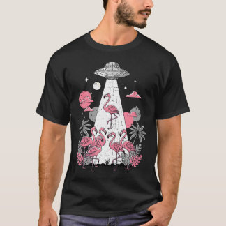 Flamingo Ufo Alien Entführung Illustration Sci-Fi  T-Shirt
