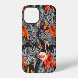 Flamingo und Blume, monochrome Muster. iPhone 12 Hülle