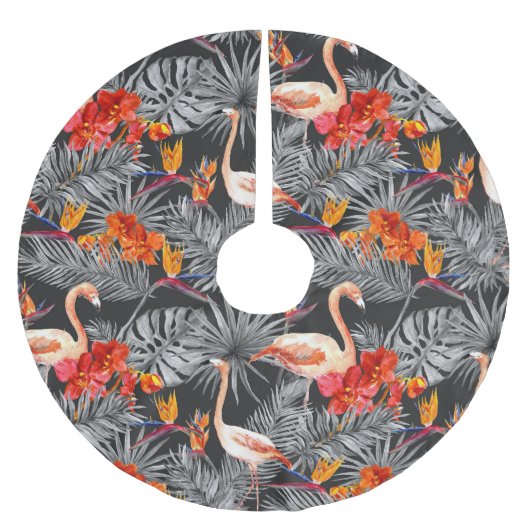 Flamingo und Blume, monochrome Muster. Polyester Weihnachtsbaumdecke (Vorderseite)