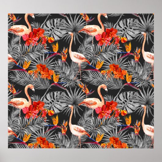Flamingo und Blume, monochrome Muster. Poster (Vorne)