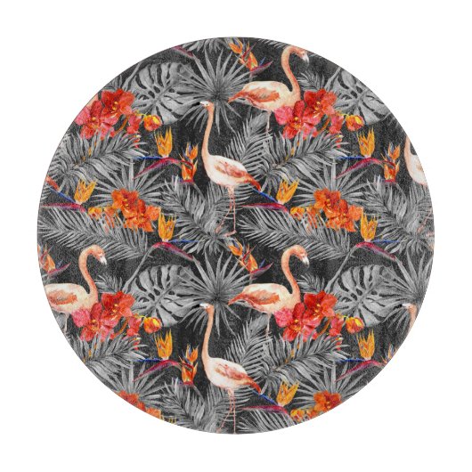 Flamingo und Blume, monochrome Muster. Schneidebrett (Vorderseite)