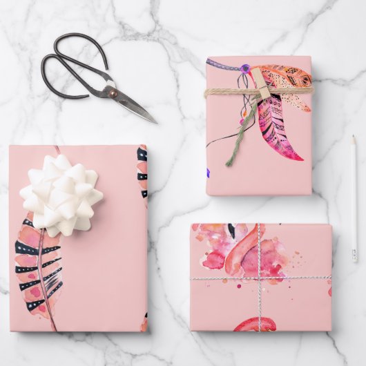 Flamingo- und Federn-Packpapier, Set von 3 Geschenkpapier Set (Vorderseite)