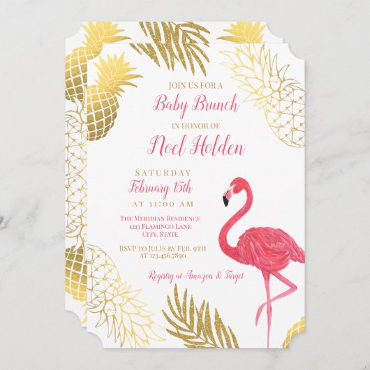 Flamingo und Gold Ananas Baby Brunch Dusche Einladung (Vorne/Hinten)